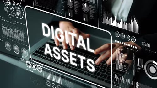 Typing on Laptop with Digital Assets Overlay