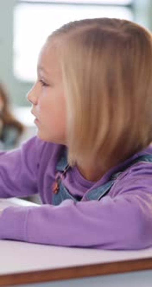 Growth, education and quiz with child in classroom for test, child development and knowledge