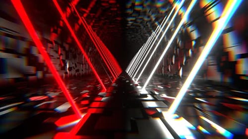 Red And White Endless Sci Fi Corridor With Neon Long Lamps Background Vj Loop In 4K