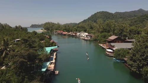 Aerial drown birds eye view of paddle boarders slowly paddling up river surrounded by tropical jungl