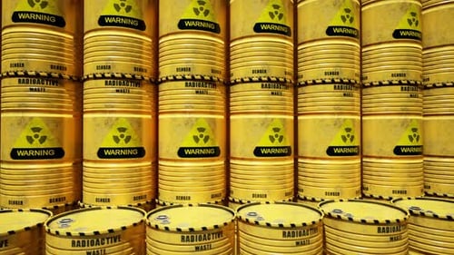 Radioactive Waste Barrels Animation with Warning Signs