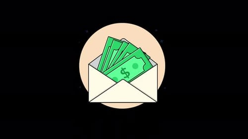 Animación conceptual de salario en sobre, salario en efectivo, envío de dinero: transparente