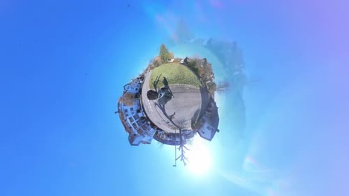 Little Tiny Planet 360 Small World View Of A Man Walking Near Road with Music Video Burn Effect in 4