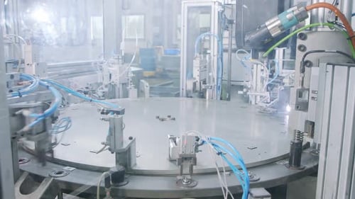 3D render of a robotic automatic conveyor line with robotic arms that perform soldering work