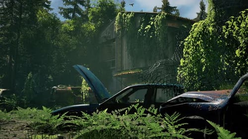 Overgrown ruins with rusted cars and a decayed building, consumed by vines and nature