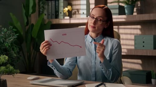 Upset Caucasian Business Woman Holding Loss Chart Document Thumb Down Indoor Office Frustrated