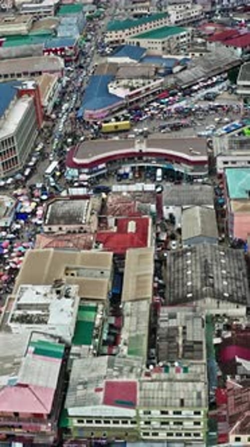Aerial view of bustling market in Accra, Ghana capturing daily activities