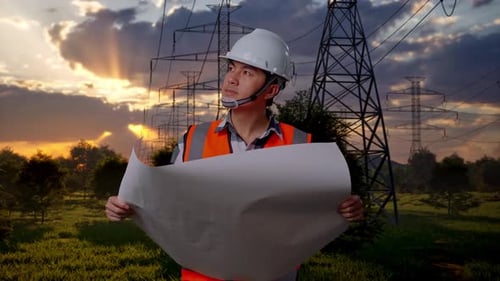 Asian Male Engineer Looking At Blueprint In His Hands Near High Voltage Tower