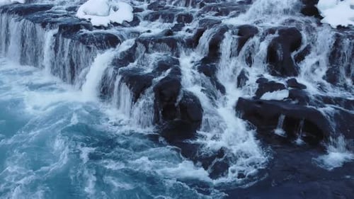 Winter Waterfall Snow River Ice Iceland Frozen Cold Water Blue Aerial Landscape