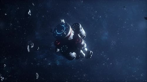 Futuristic Spaceship Rotating in Deep Space with Asteroids