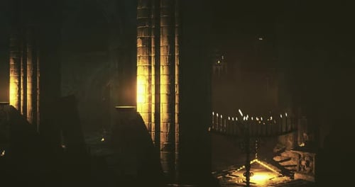 Flickering Candelabrum Light in Dark Ancient Stone Hall
