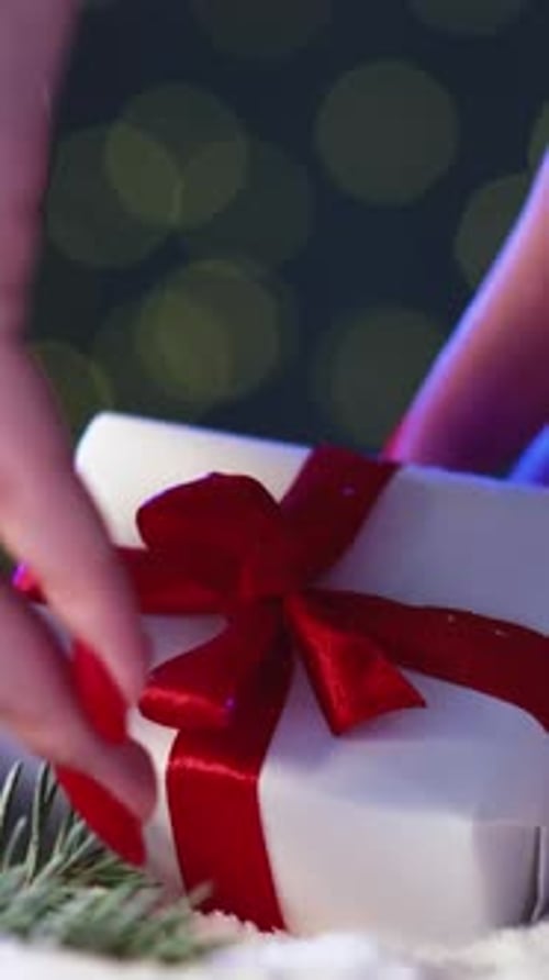Close up of Hands Adjusting a Christmas Gift