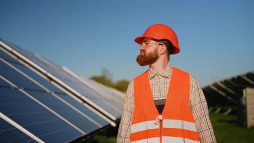 Engineer Inspecting Solar Panels in Solar Farm