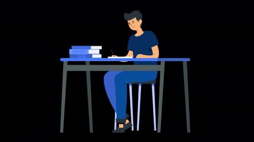 Animated Student Character Studying at Desk Flat Design