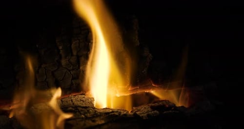 Fireplace real natural wood burning in fireplace, up-close cozy warm flames