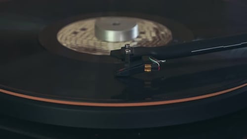Record Player Spinning a Vinyl Record Close Up