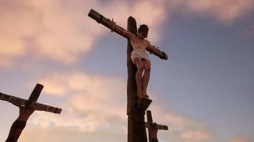 Jesus Christ Crucifixion Scene with Dramatic Sky and Moving Clouds
