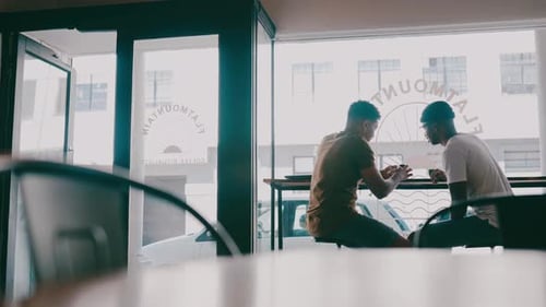 Friends, phone and men talking in coffee shop for bonding, discussion and check social media