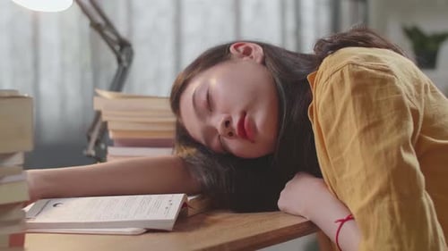 Close Up Of Young Asian Female Studying At Home Sleeping While Reading Books On The Table