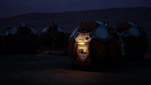 Mars Colony Base Structures Illuminated at Dusk with Scientific Equipment