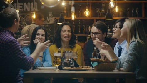 Diverse Group of Young People Have Fun in Bar, Talking, Telling Stories and Jokes. They Drink Vario