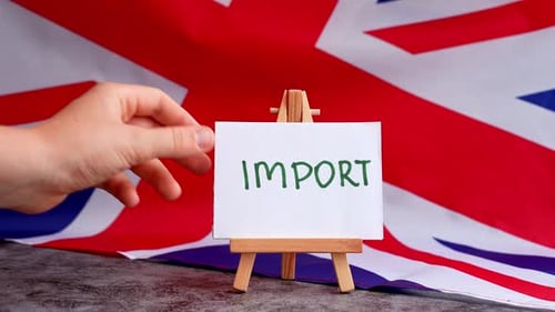 Paper Note with Words IMPORT on National Symbol of Great Britain British Wave the UK Silky Flag