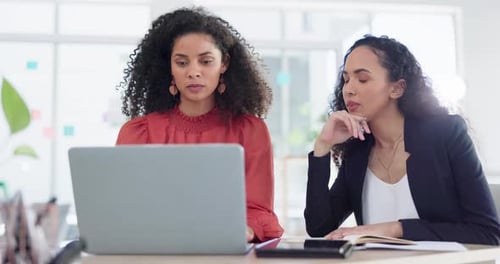 Collaboration, laptop and business women in office for creative, planning and marketing idea