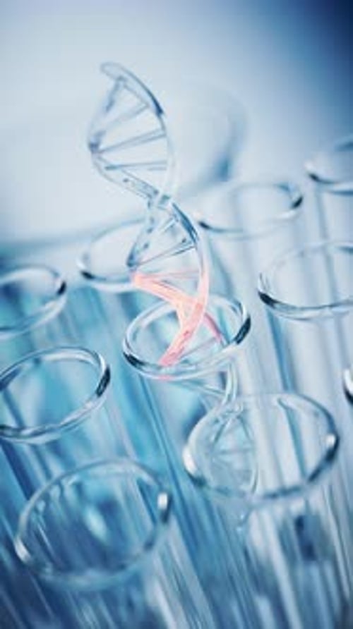 Animated DNA Double Helix Structure Rotating Above Test Tubes