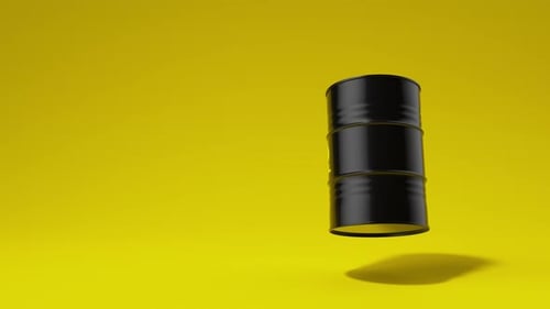 Single Black Metal Oil Barrel Rotating on Yellow Background Front View Oil Industry Concept 3d