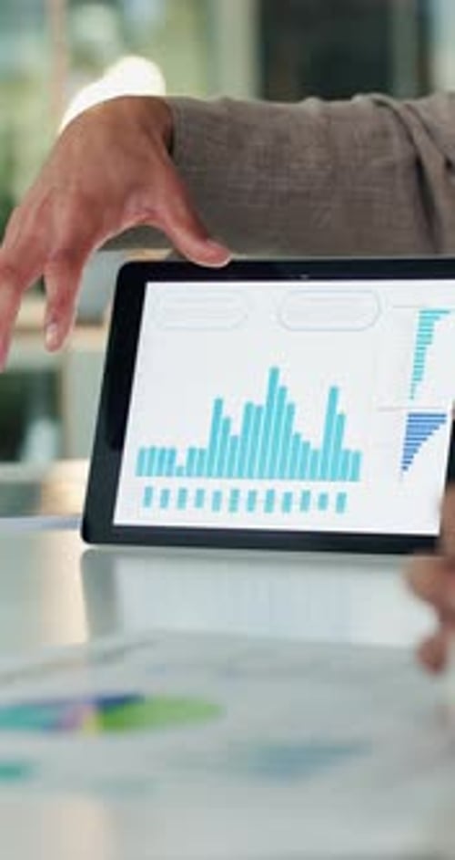 Hands, person and meeting with graphs on tablet for accounting, data analysis and annual report
