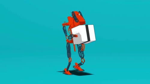 Roboter trägt große weiße Kiste mit schwarzen Streifen auf blauem Hintergrund