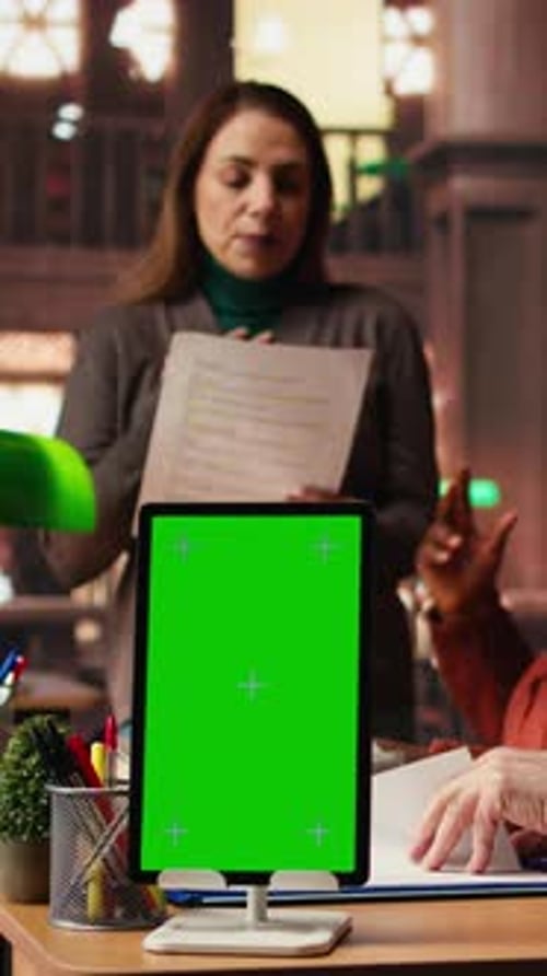 Vertical Video Focused Diverse People Studying in Public Library with Green Screen on Pc