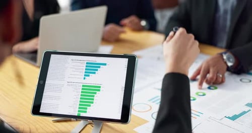 Business people, screen and tablet data analytics in finance meeting and manager advice