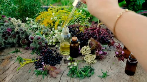 Essential Oil Dropper Over Herbs and Flowers