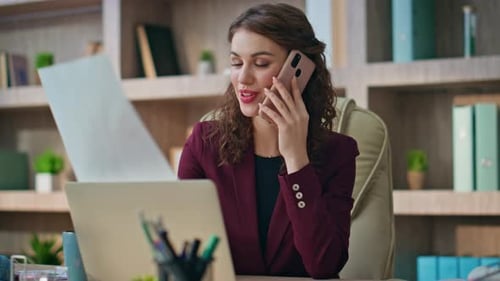 Woman Professional Talking Smartphone in Office Room Closeup Smiling Lawyer