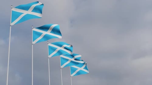 Drapeaux écossais animés ondulant dans le vent avec un fond bleu ciel