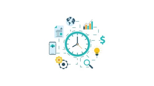 Animated Clock with Business Technology Flat Design Icons