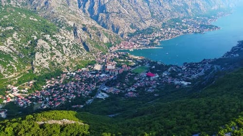 Bay of Kotor with Beaches and Hotels and the Adriatic Sea Against the Backdrop of Sunny Sky