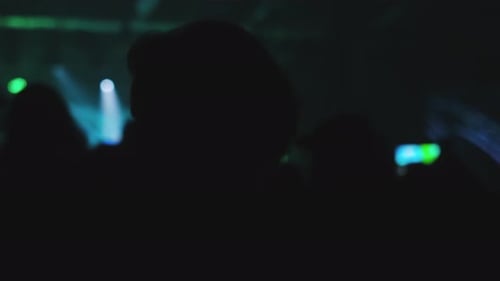 Silhouettes of people jumping, waving, taking photos or recording videos of a live music concert on