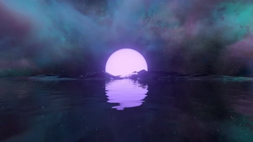 Abstract Glowing Moon Island Floating on Water with Nebula Sky Looping Background