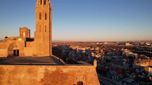 Panoramic aerial drone view of typical Gothic architecture La Seu Vella cathedral: vaults, colonnade