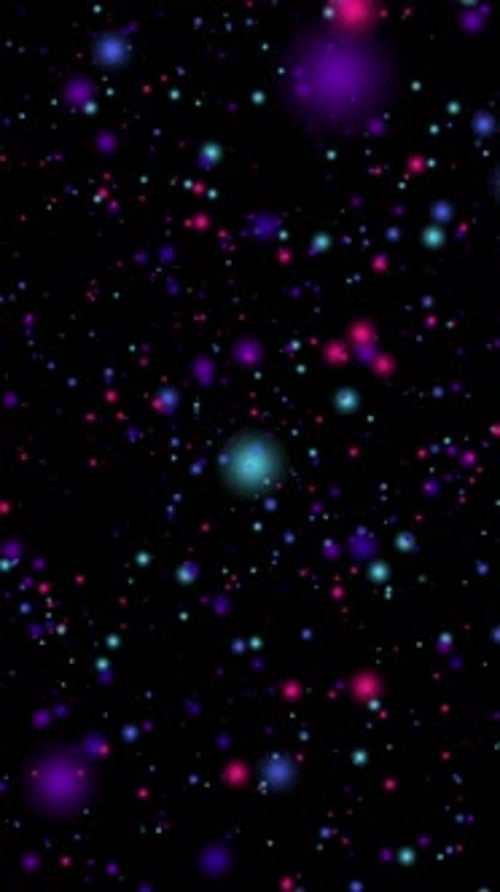 Un bucle vertical sin fisuras de partículas de neón brillantes que flotan en el espacio mezclando violeta, cian y