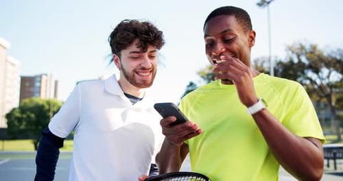 Men, friends and phone at tennis court, happy and talk with meme, break and fitness at park