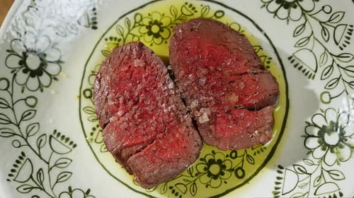 View From Above on Medium Rare Beef on Wooden Table