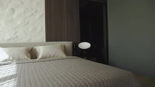 Luxury Bedroom with Modern Interior Double Bed with Pillows and Bedding Empty Bedside Table with