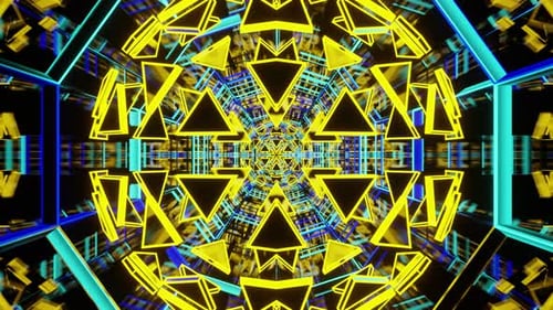 Mirrored Led Blue And Yellow Colored Kaleidoscope Tunnel Vj Loop Background