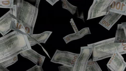 Falling Dollars or Money Bills From Above on a Black Background for Insertion Concept of Wealth