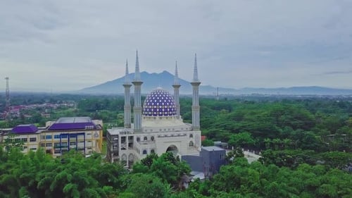 Sentul, 15 December 2018, Aerial view of the mosque building with a mountain background