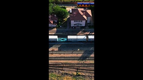 Vintage Train with Cargo Cars - Aerial View