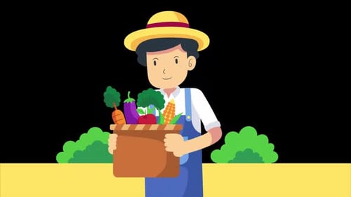 Farmer Holding A Fruit And Vegetable Basket On Alpha Channel